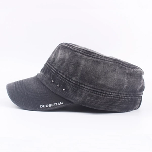 Vintage washed dark grey cotton cadet hat with metal rivets and DUOSETIAN lettering