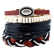 Detail of multi-layer leather bracelets set with metal charms and woven ropes on white background