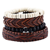 Detail of four-piece layered bracelet set with woven leather and assorted beads