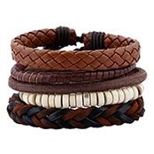 Detailed view of 4-piece men's leather bracelet set with braided and beaded elements