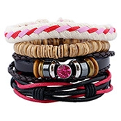 Detailed macro view of multi-layer beaded leather bracelets with pink crystal and wood beads