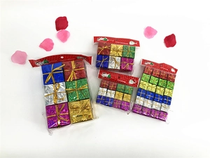 Macro shot of colorful laser foam gift boxes for Christmas tree decoration sets