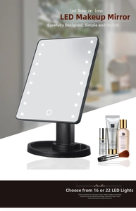 Detail view of portable LED makeup mirror with 16 lamp beads and round touch switch button