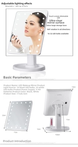 Detail view of white LED makeup mirror showing 180 degree rotation and touch control dimming