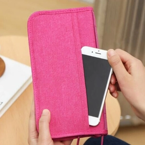 Rose red travel passport holder and phone organizer bag with wrist strap and key ring