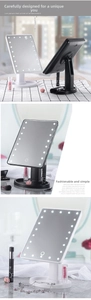 Detail view of the desktop LED makeup mirror with 360 rotation and storage base tray