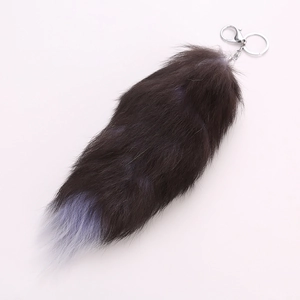 Large fox tail keychain in dark brown and lavender gradient fur with silver metal clip
