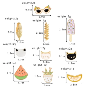 Detailed chart showing sizes and weights for various colorful cartoon enamel lapel pins