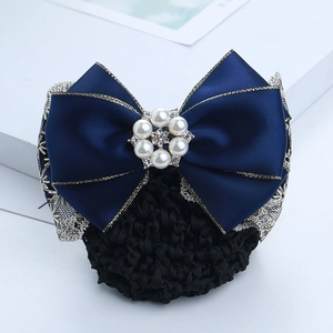 Dark blue satin bow hair clip with black lace hairnet and pearl rhinestone center