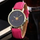 Detail of rose red leather watch with celestial star pattern on a black minimalist dial