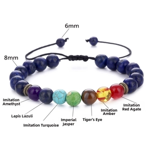 Macro detail of 8mm and 6mm chakra beads with adjustable black braided cord