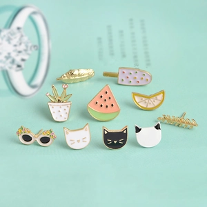 Cartoon enamel earring set featuring feather, cactus, watermelon and cat designs