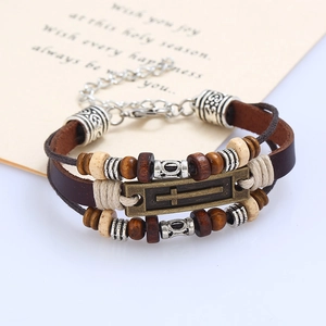 Vintage Multi-layer Leather Bracelet With Wood Beads And Alloy Cross Charm For Men Braided Hemp Rope Wristband