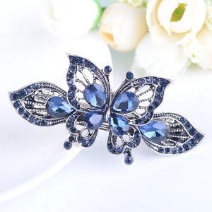 Elegant blue crystal butterfly hair clip in silver alloy base for women fashion