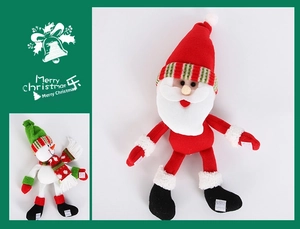 Detail of Christmas plush wine bottle covers with Santa and Snowman velcro hangers
