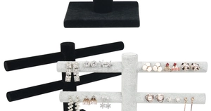 Close-up of two-tier T-bar earring display stand with velvet finish for jewelry storage