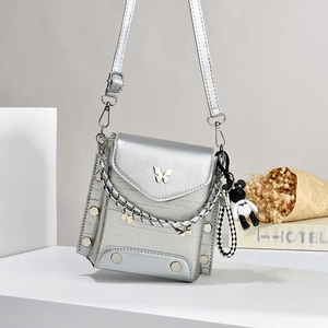 Chic silver square crossbody bag with metal butterfly logo and chain detail