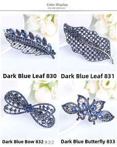 Detail view of four alloy hair clips with dark blue crystals in leaf and bow shapes