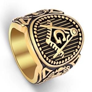 Masonic Signet Ring Stainless Steel Gold Tone Vintage Freemason Compass Square G Symbol Retro Jewelry For Men