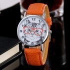 Detail of orange leather watch strap with cute cartoon cat pattern on the dial