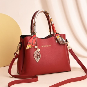 Women Handbags PU Leather Litchi Pattern Satin Scarf Wrapped Handle Leaf Artificial Pearl Charm Retro Crossbody Shoulder Bag