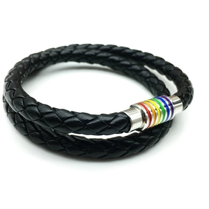 Close-up of black braided leather bracelet with silver magnetic clasp and rainbow stripes