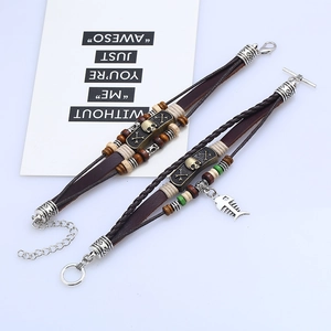 Retro multi-layer leather bead bracelet with skull and fishbone charms for punk style