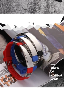 Fashionable silicone wristbands in red, blue, and black with polished stainless steel plates