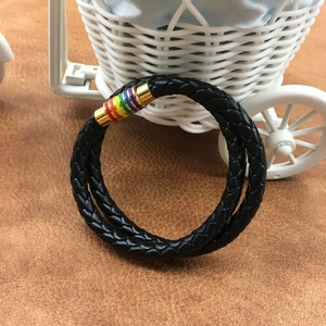 Black woven leather wrap bracelet with colorful rainbow magnetic clasp for men and women