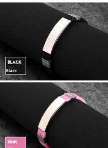 Detail view of black and pink silicone bracelets with polished stainless steel plates