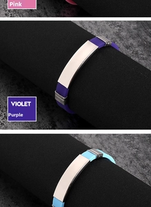 Detailed view of silicone bracelets with polished stainless steel plates in pink and violet