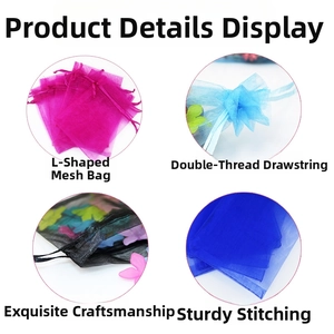 Detail of multi-color organza drawstring gift bags with premium L-shaped stitching