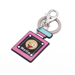 Close-up of pink perfume bottle keychain with winking emoji and Hello text detail