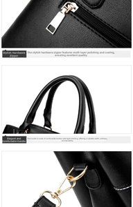 Detail of black leather handbag featuring golden hardware, smooth handles and precise stitching