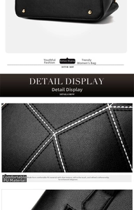Detail of black PU leather bag with white contrast stitching and gold bottom studs