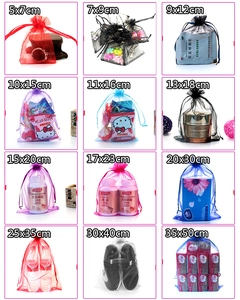 Detailed grid showing 12 sizes of drawstring organza gift bags from 5x7cm to 35x50cm