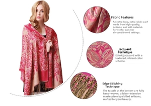Detail of bohemian jacquard scarf featuring ethnic grape flower pattern and handmade tassels