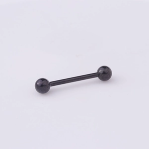 Detail of a polished black 316L stainless steel barbell for tongue or nipple piercings