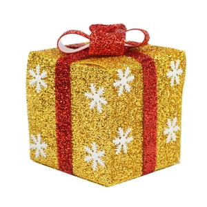 Golden Christmas gift box decoration with red glitter ribbon and white snowflake patterns