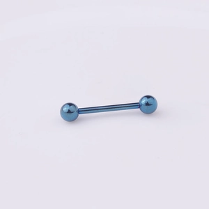 Close-up of blue 316L surgical steel tongue ring with glossy double ball bar design