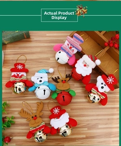 Detail of Christmas bell pendants featuring Santa, snowman, and reindeer on wood table