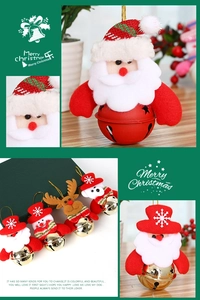 Close-up of cute Christmas bell ornaments with Santa and reindeer plush characters
