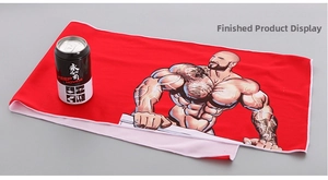 Detail of red cooling towel with mesh texture, muscle man print and durable white stitching