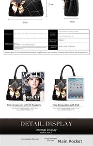Detailed view of black PU tote bag including size chart, scarf accessory and pompom charm