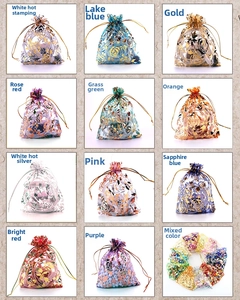 Grid view of organza drawstring gift bags with gold floral patterns in twelve vibrant colors