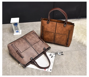 Detailed comparison of brown and dark grey retro faux leather tote bags with dual front pockets