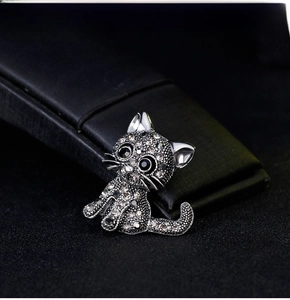 Macro shot of silver-tone cat brooch with sparkling rhinestones on black leather box