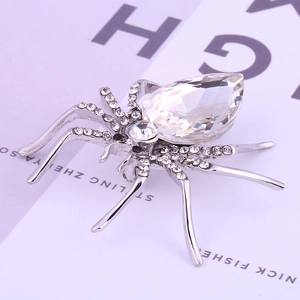 Spider brooch with large pear-shaped crystal and white rhinestones on silver alloy base