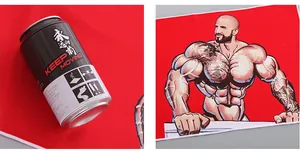 Detail of red cooling towel featuring cartoon athlete print and black metal storage tin box