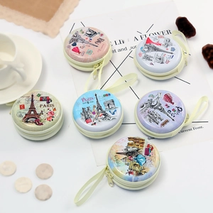Paris themed round tinplate coin purses with zippers and lanyards for keys and earphones